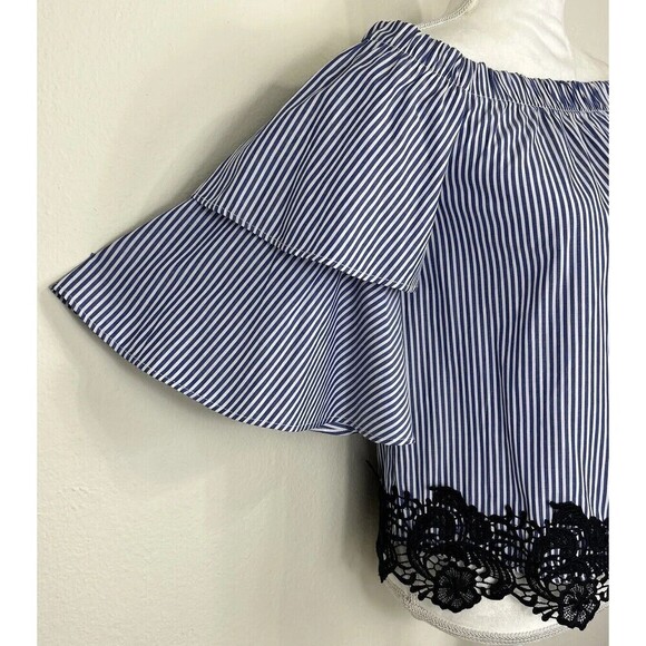 ZARA Blue & White Striped Off the Shoulder Puff Sleeve Lace Blouse Size Medium - Picture 6 of 13